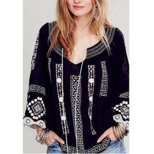 Free People Silver Springs Black Embroidered Peasant Top Women's Large